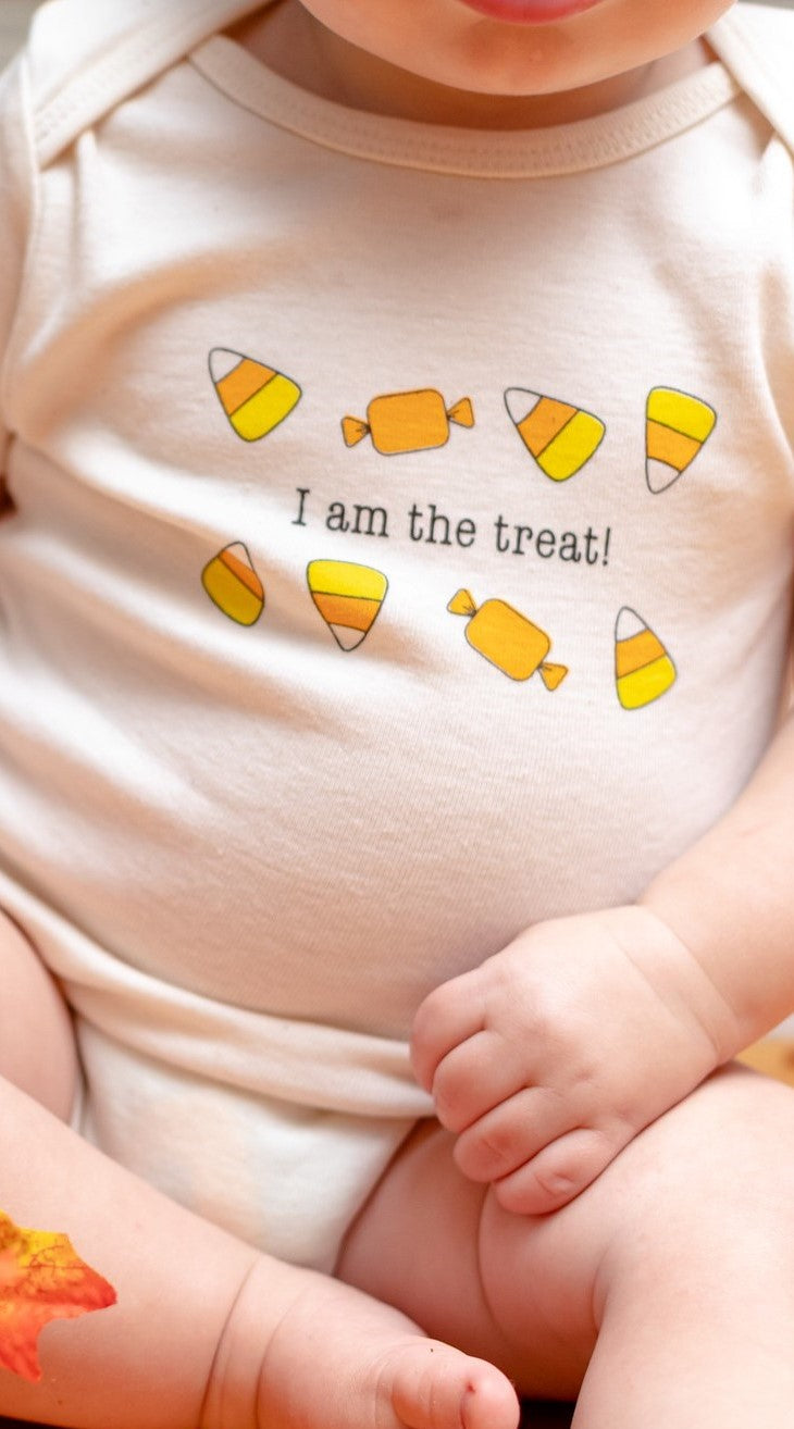 Halloween I am the treat candycorn Long Sleeve Romper